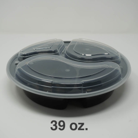 SR 39 oz. Round Black Plastic 3 Compartment Container Set (938/9388) - 150/Case