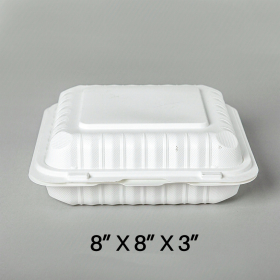 正方形白色塑料三格环保餐盒 8" X 8" X 3" - 150/箱