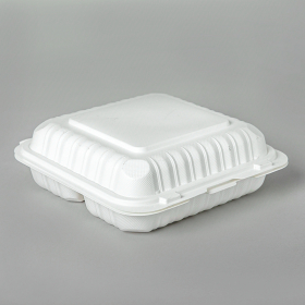 正方形白色塑料三格环保餐盒 8" X 8" X 3" - 150/箱