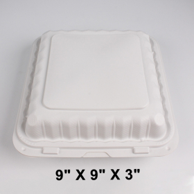 Kari-Out 993W 正方形白色塑料三格环保餐盒 9" X 9" - 150/箱