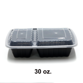 HT 30 oz. 长方形黑色塑料两格餐盒套装 (8288) - 150套/箱